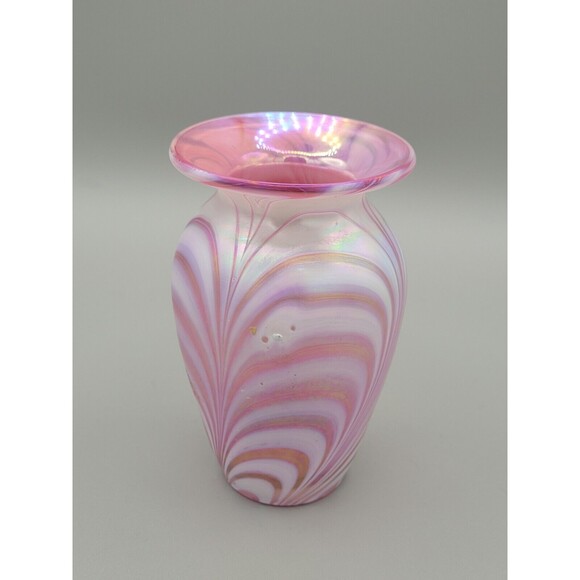 Art Glass Handblown Pink Iridescent White Swirl Bud Vase Pulled Feather - Picture 2 of 7